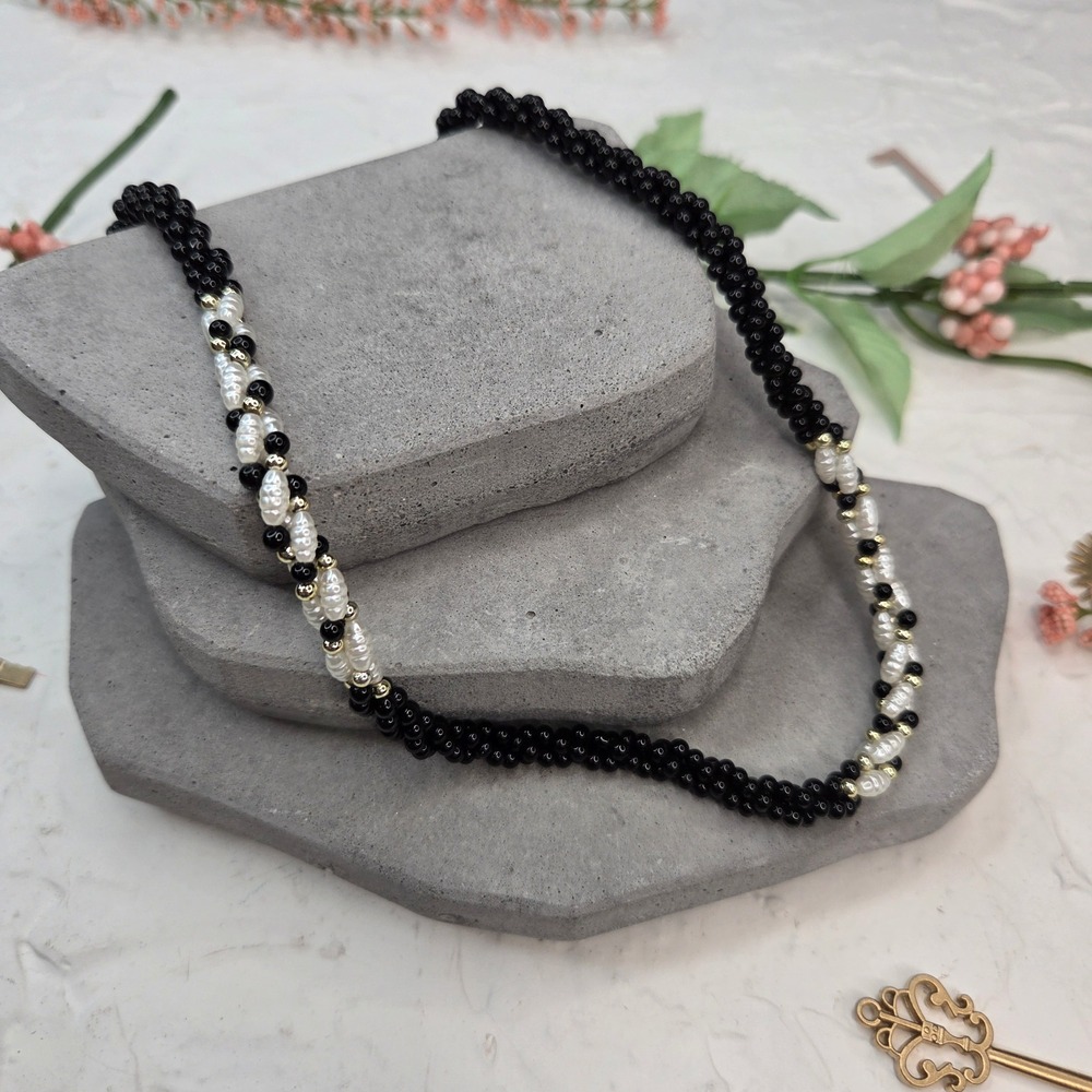 Black Seed Bead and Freshwater Pearl Twisted Strand Necklace Gold Barrel Clasp